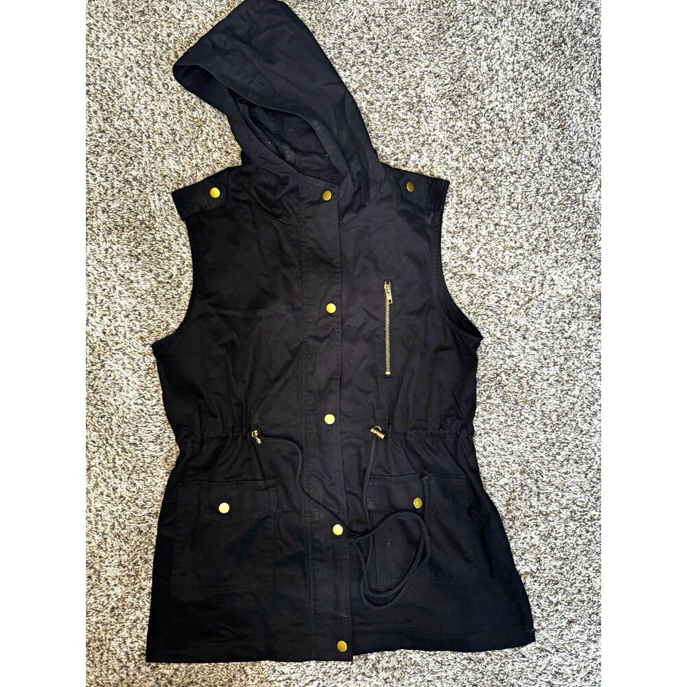 Zenana Black Hooded Utility Vest Women’s Size M Drawstring Waist Gold Hardware